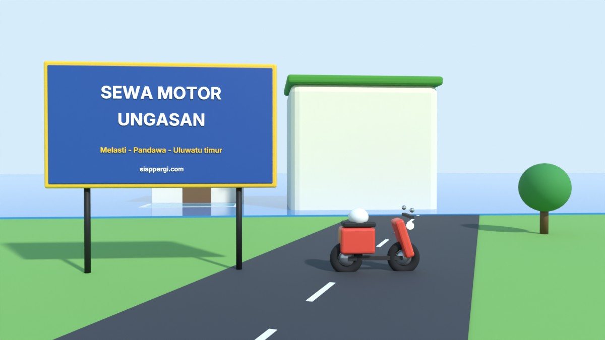 Render 3D papan Sewa Motor Ungasan dengan tebing kapur dan villa — SiapPergi
