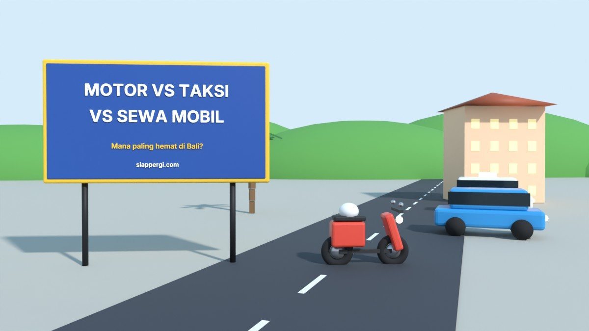 Render 3D papan Motor vs Taksi vs Sewa Mobil dengan skuter, taksi biru dan mobil MPV — SiapPergi