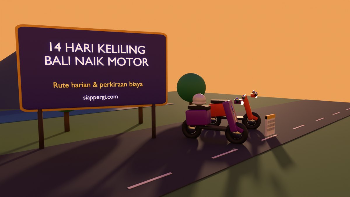 Render 3D papan 14 Hari Keliling Bali Naik Motor dengan dua skuter dan kalender, latar gunung senja — SiapPergi