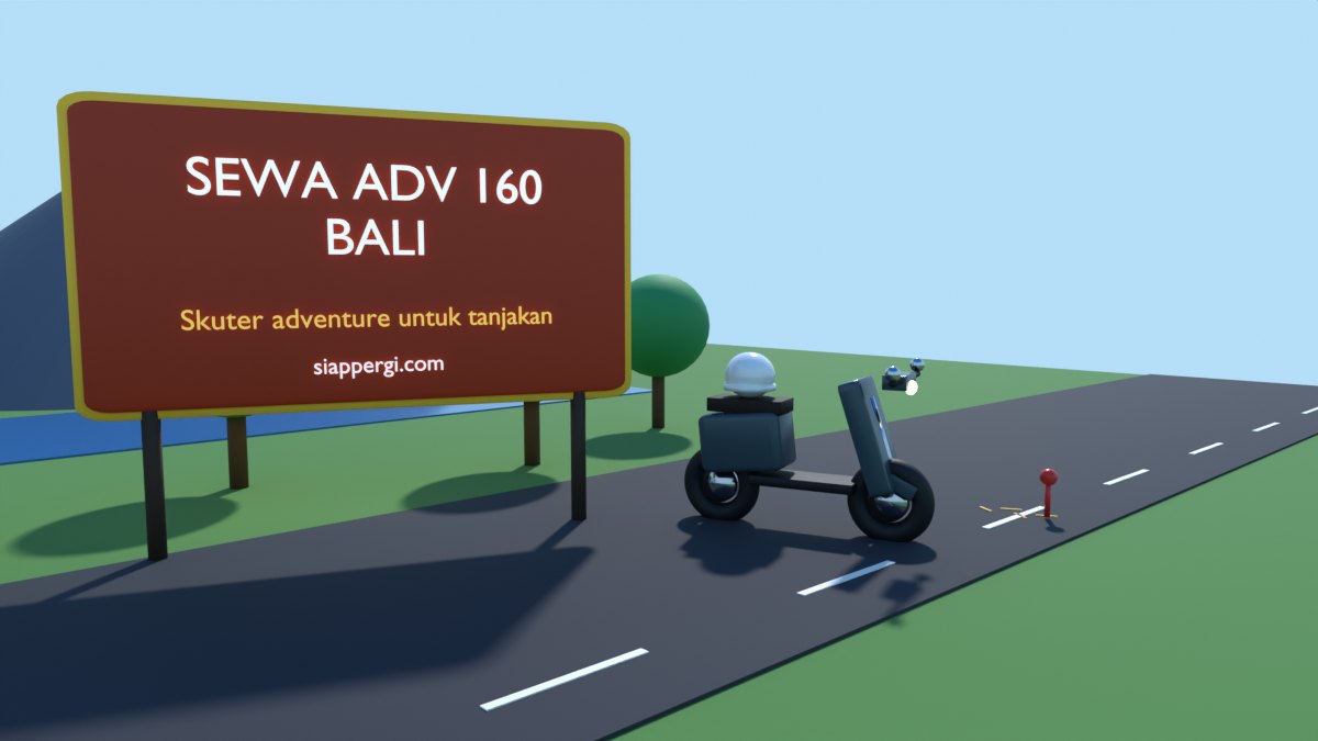 Render 3D papan Sewa ADV 160 Bali dengan latar gunung dan danau — SiapPergi