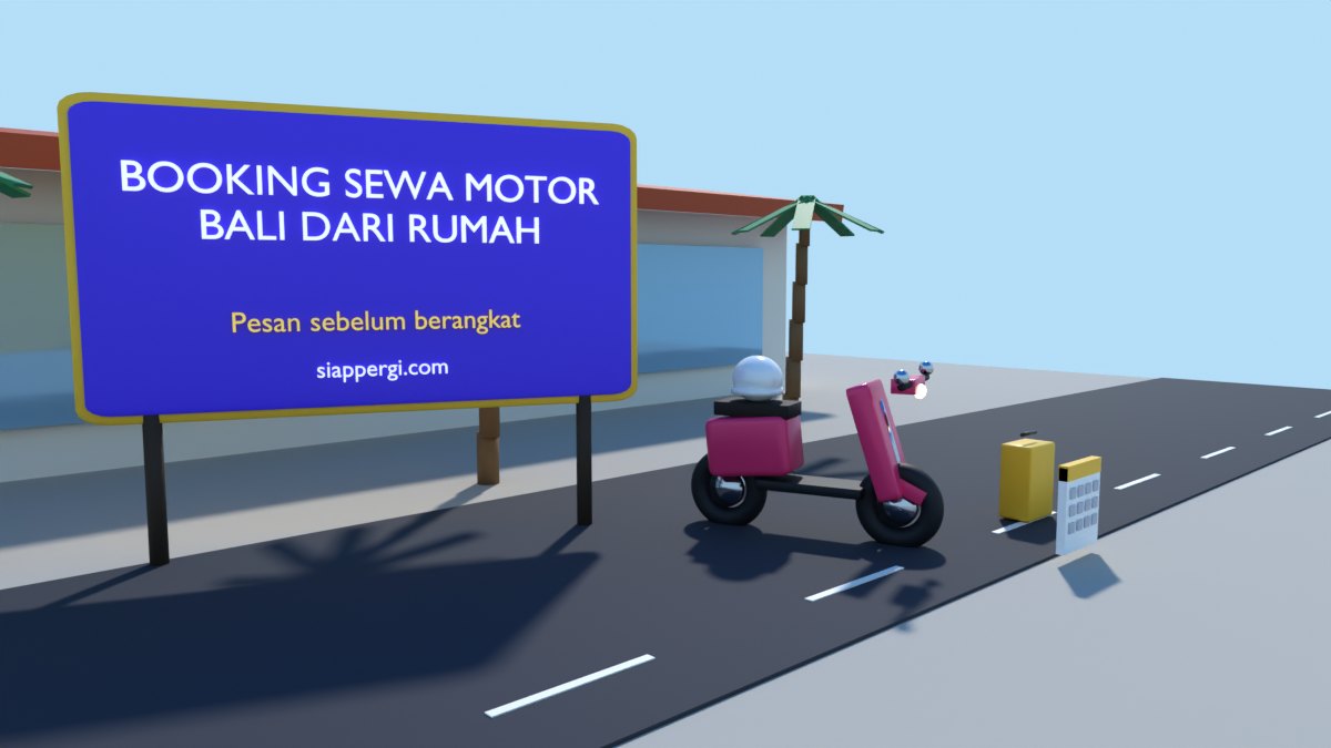 Render 3D papan Booking Sewa Motor Bali dari Rumah di depan terminal bandara dengan koper — SiapPergi