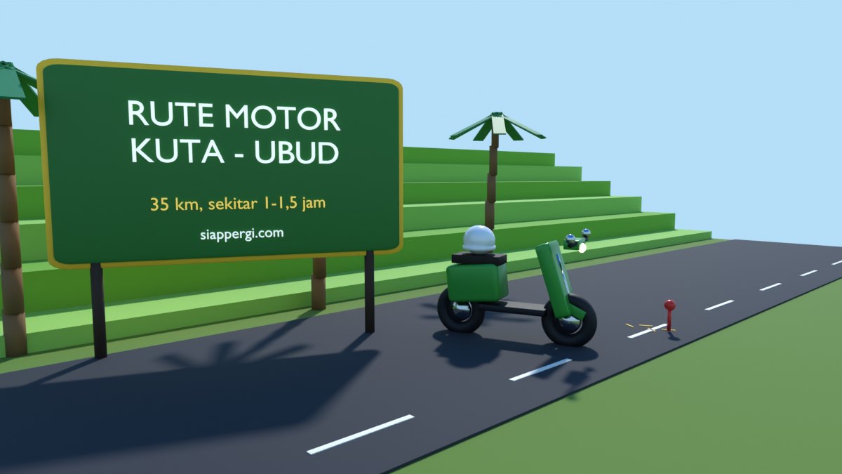 Render 3D papan Rute Motor Kuta - Ubud di tepi sawah terasering dengan skuter hijau — SiapPergi