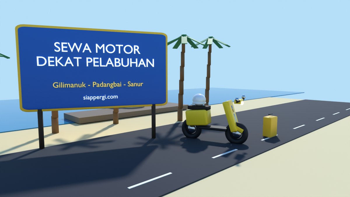 Render 3D papan Sewa Motor Dekat Pelabuhan dengan kapal di dermaga dan skuter kuning — SiapPergi