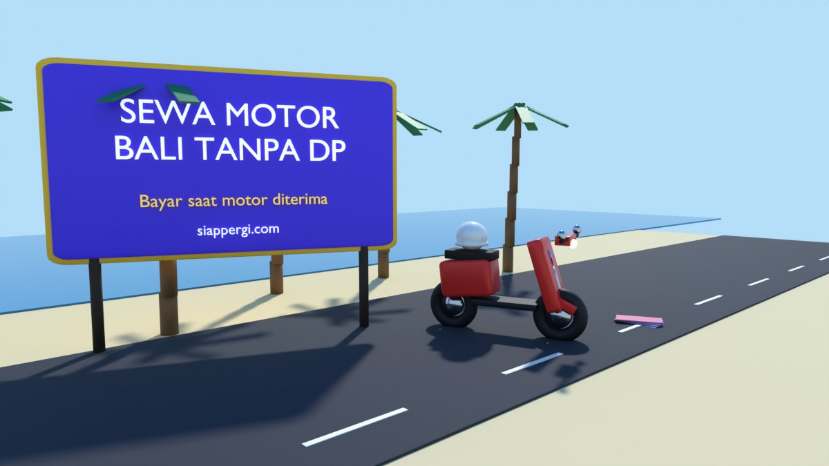 Render 3D papan besar Sewa Motor Bali Tanpa DP di jalan pantai dengan skuter merah — SiapPergi