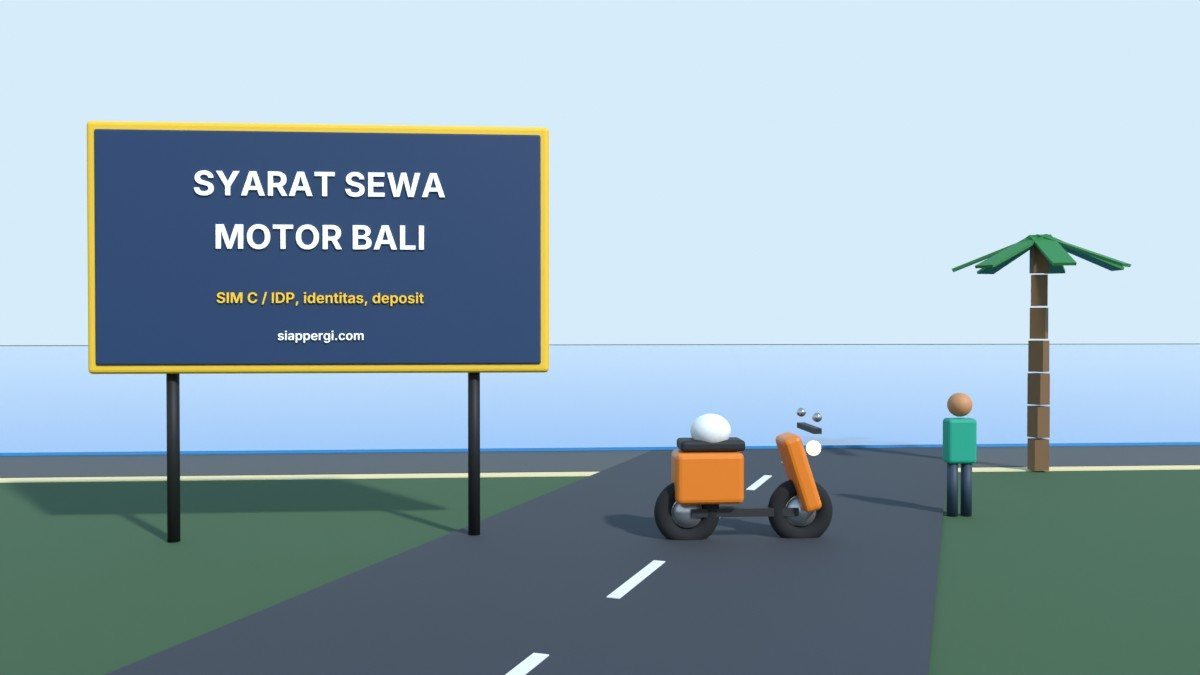 Render 3D papan Syarat Sewa Motor Bali dengan pengendara di pantai pasir hitam — SiapPergi