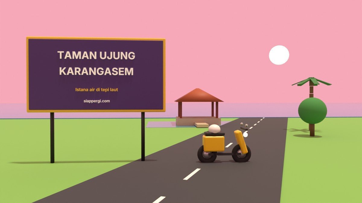 Render 3D papan Taman Ujung Karangasem dengan bale di tengah kolam saat fajar — SiapPergi