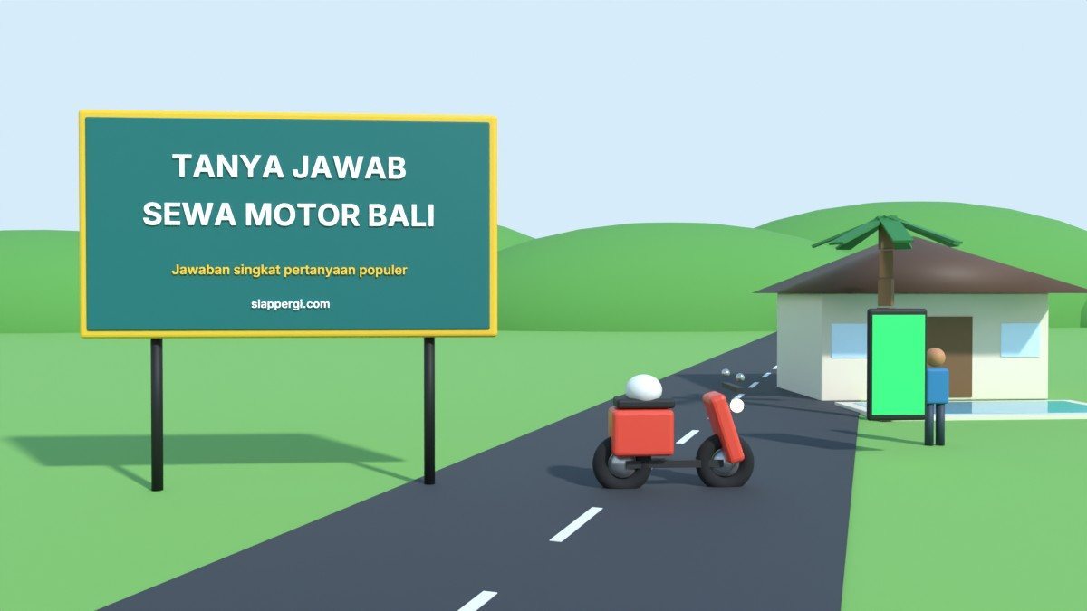 Render 3D papan Tanya Jawab Sewa Motor Bali dengan ponsel chat dan villa — SiapPergi