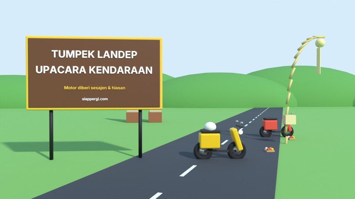 Render 3D papan Tumpek Landep Upacara Kendaraan dengan sesajen di depan skuter — SiapPergi