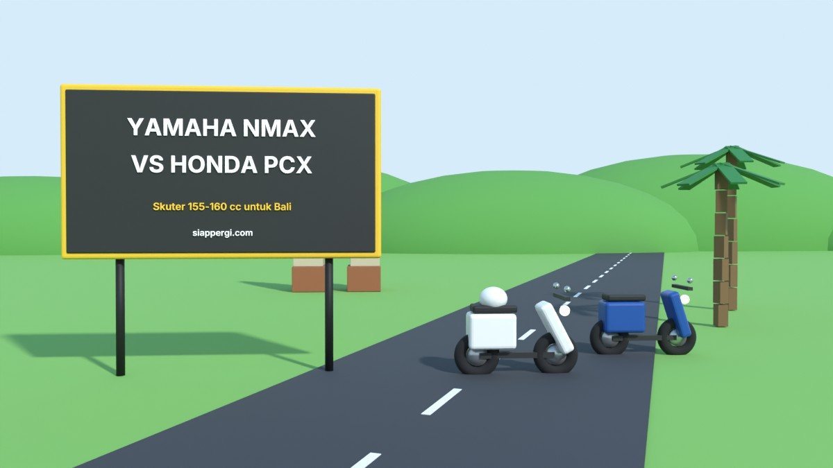 Render 3D papan Yamaha NMAX vs Honda PCX dengan skuter putih dan biru — SiapPergi