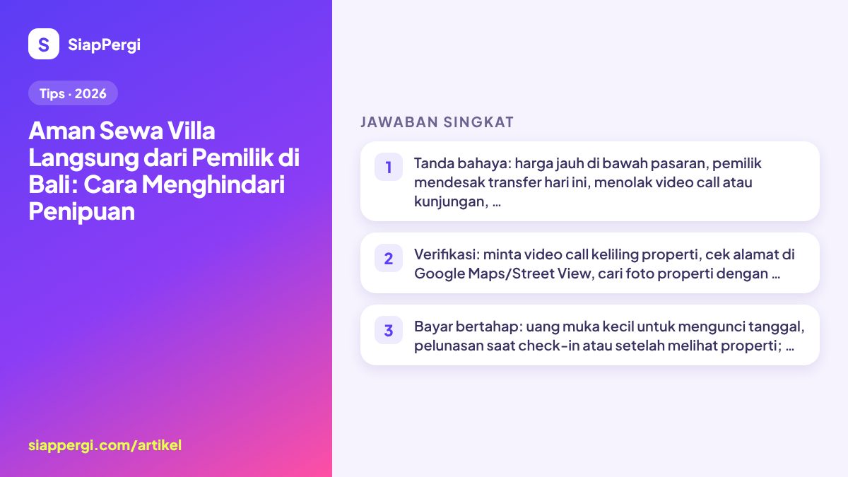 Ringkasan: Aman Sewa Villa Langsung dari Pemilik di Bali — infografis SiapPergi