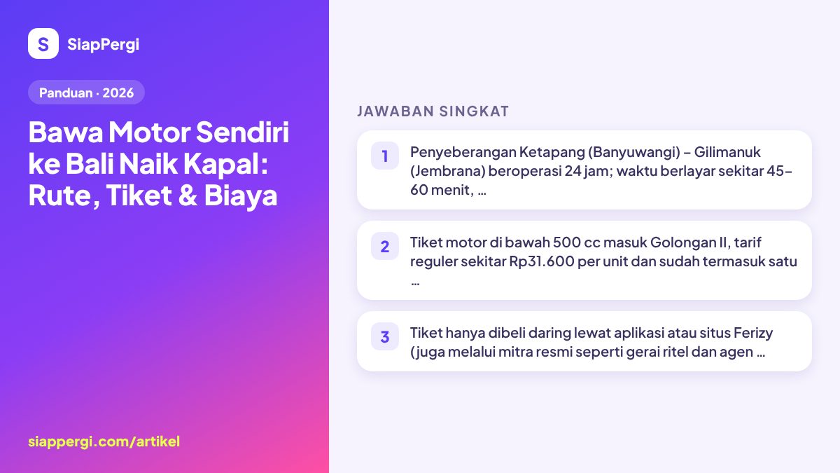 Ringkasan: Bawa Motor Sendiri ke Bali Naik Kapal: Rute, Tiket & Biaya — infografis SiapPergi
