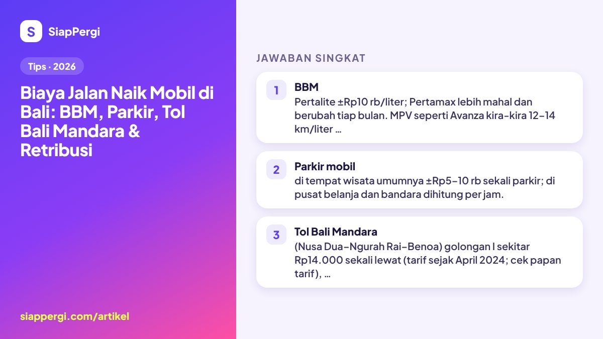 Ringkasan: Biaya Jalan Naik Mobil di Bali: BBM, Parkir, Tol Bali Mandara & Retribusi — infografis SiapPergi