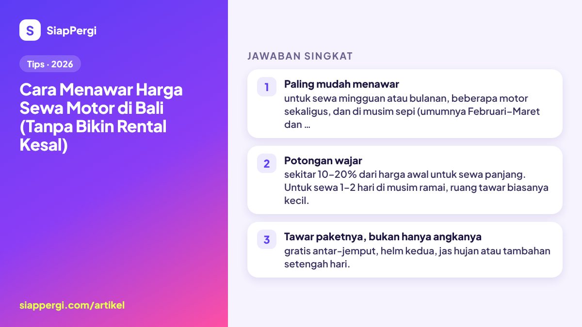 Ringkasan: Cara Menawar Harga Sewa Motor di Bali (Tanpa Bikin Rental Kesal) — infografis SiapPergi