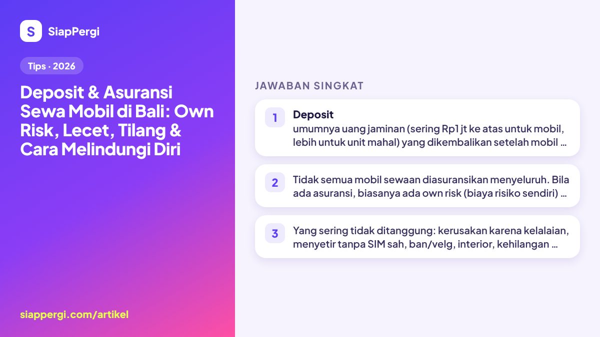 Ringkasan: Deposit & Asuransi Sewa Mobil di Bali: Own Risk, Lecet, Tilang & Cara Melindungi Diri — infografis SiapPergi
