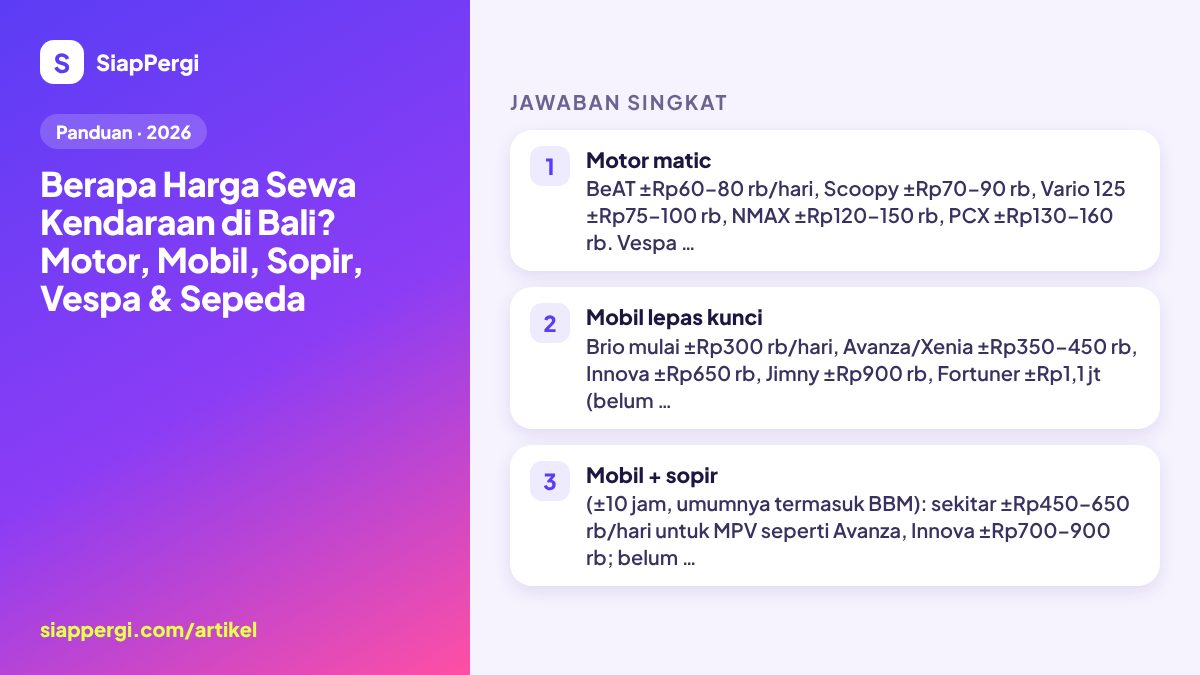 Ringkasan: Berapa Harga Sewa Kendaraan di Bali? Motor, Mobil, Sopir, Vespa & Sepeda — infografis SiapPergi