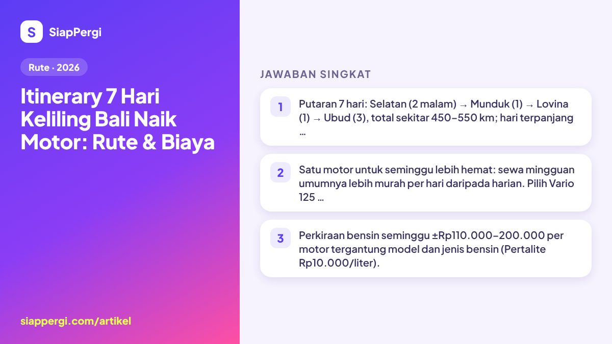 Ringkasan: Itinerary 7 Hari Keliling Bali Naik Motor: Rute & Biaya — infografis SiapPergi