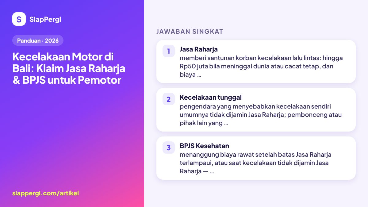 Ringkasan: Kecelakaan Motor di Bali: Klaim Jasa Raharja & BPJS untuk Pemotor — infografis SiapPergi