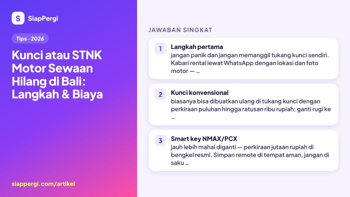 Ringkasan: Kunci atau STNK Motor Sewaan Hilang di Bali: Langkah & Biaya — infografis SiapPergi