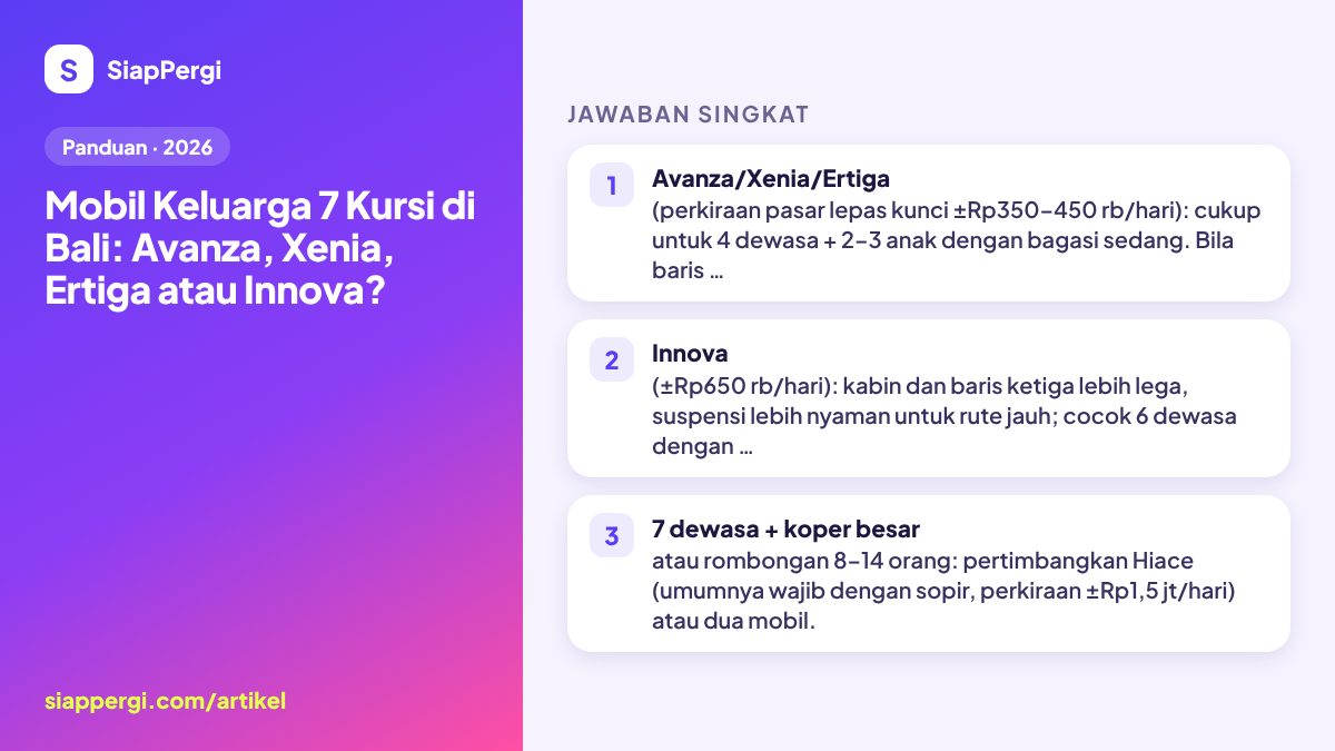Ringkasan: Mobil Keluarga 7 Kursi di Bali: Avanza, Xenia, Ertiga atau Innova? — infografis SiapPergi