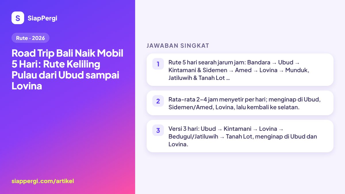 Ringkasan: Road Trip Bali Naik Mobil 5 Hari: Rute Keliling Pulau dari Ubud sampai Lovina — infografis SiapPergi