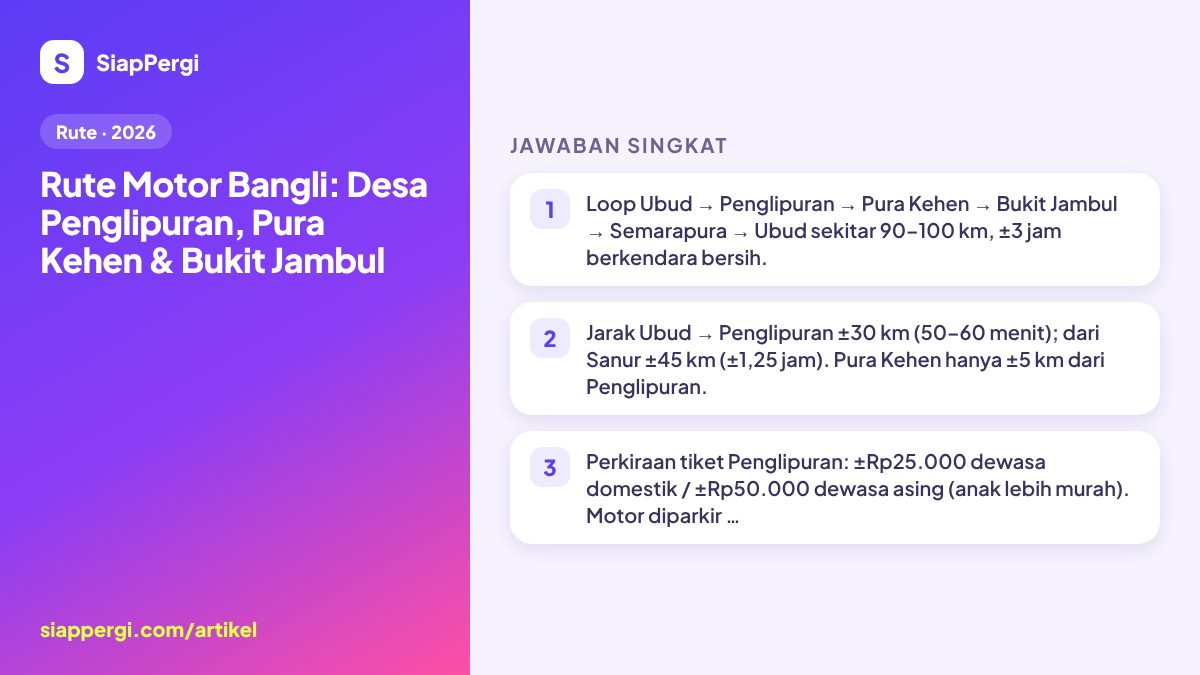 Ringkasan: Rute Motor Bangli: Desa Penglipuran, Pura Kehen & Bukit Jambul — infografis SiapPergi