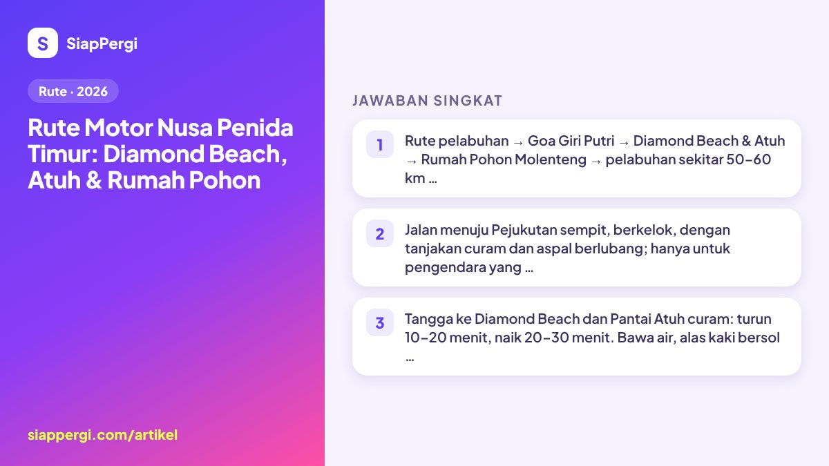 Ringkasan: Rute Motor Nusa Penida Timur: Diamond Beach, Atuh & Rumah Pohon — infografis SiapPergi