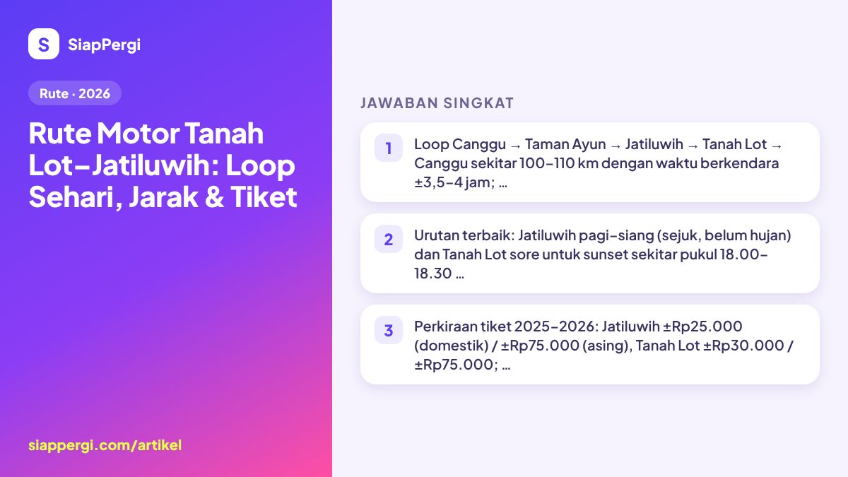 Ringkasan: Rute Motor Tanah Lot–Jatiluwih: Loop Sehari, Jarak & Tiket — infografis SiapPergi