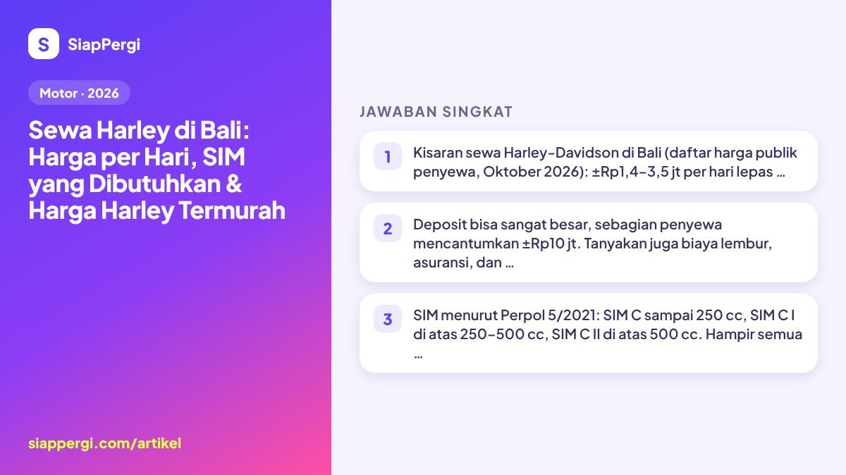 Ringkasan: Sewa Harley di Bali: Harga per Hari, SIM & Harley Termurah — infografis SiapPergi