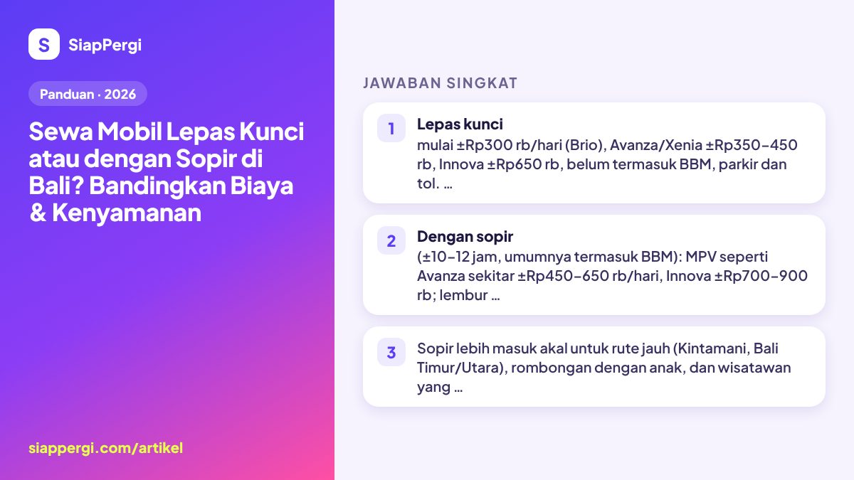 Ringkasan: Sewa Mobil Lepas Kunci atau dengan Sopir di Bali? Bandingkan Biaya & Kenyamanan — infografis SiapPergi