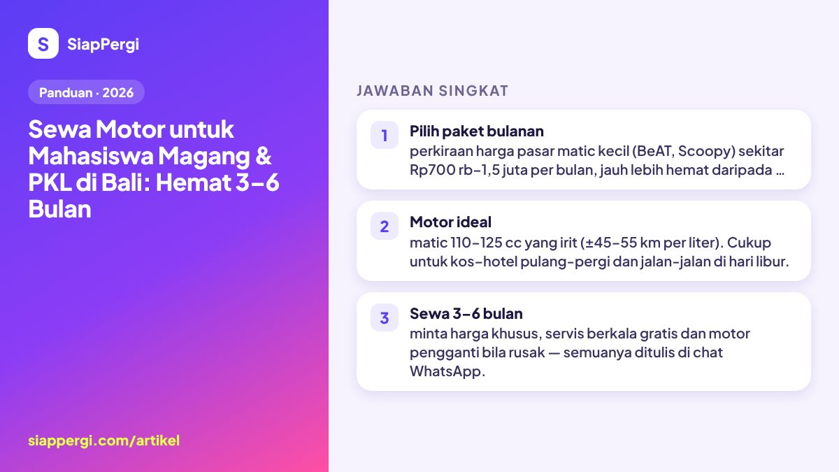 Ringkasan: Sewa Motor untuk Mahasiswa Magang & PKL di Bali: Hemat 3–6 Bulan — infografis SiapPergi