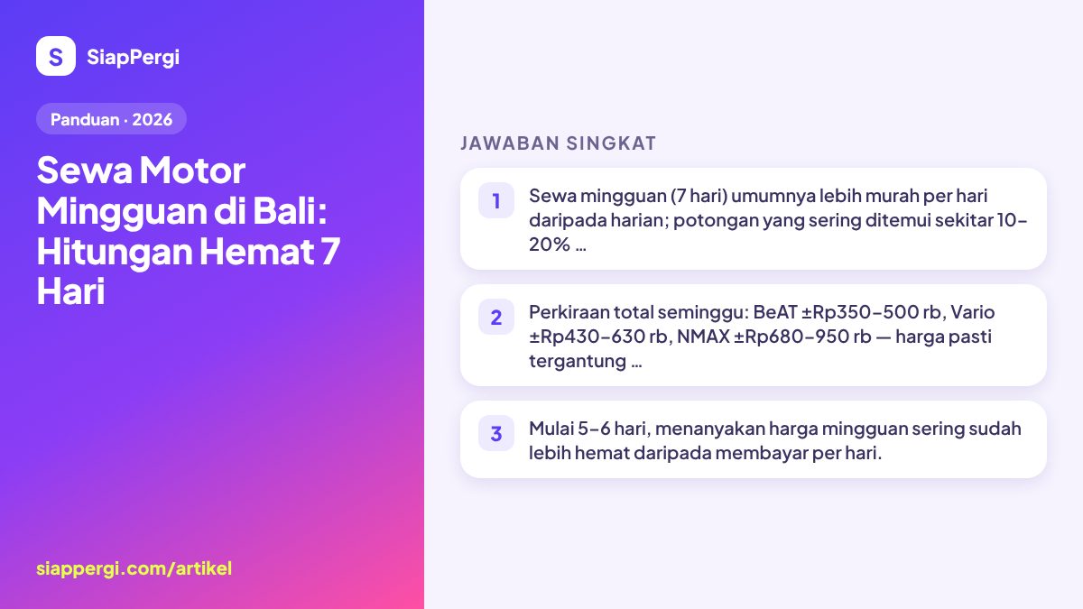 Ringkasan: Sewa Motor Mingguan di Bali: Hitungan Hemat 7 Hari — infografis SiapPergi