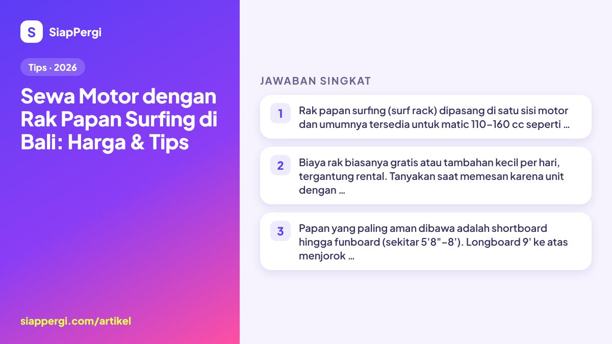 Ringkasan: Sewa Motor dengan Rak Papan Surfing di Bali: Harga & Tips — infografis SiapPergi