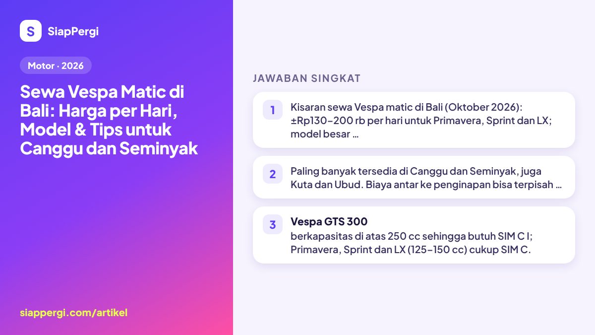 Ringkasan: Sewa Vespa Matic di Bali: Harga per Hari & Model — infografis SiapPergi