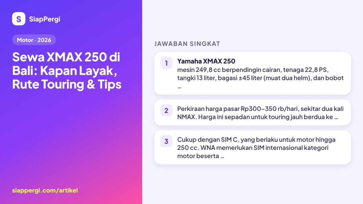 Ringkasan: Sewa XMAX 250 di Bali: Kapan Layak, Rute Touring & Tips — infografis SiapPergi