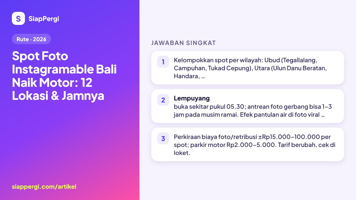 Ringkasan: Spot Foto Instagramable Bali Naik Motor: 12 Lokasi & Jamnya — infografis SiapPergi