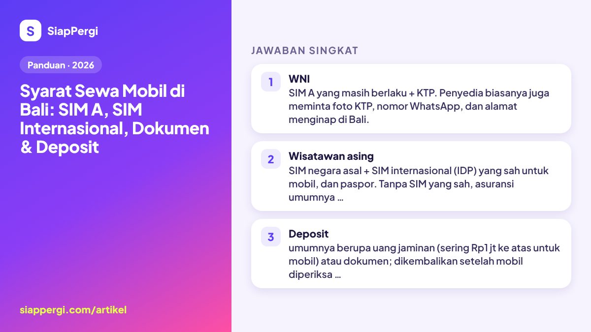 Ringkasan: Syarat Sewa Mobil di Bali: SIM A, SIM Internasional, Dokumen & Deposit — infografis SiapPergi