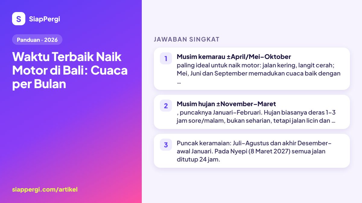 Ringkasan: Waktu Terbaik Naik Motor di Bali: Cuaca per Bulan — infografis SiapPergi