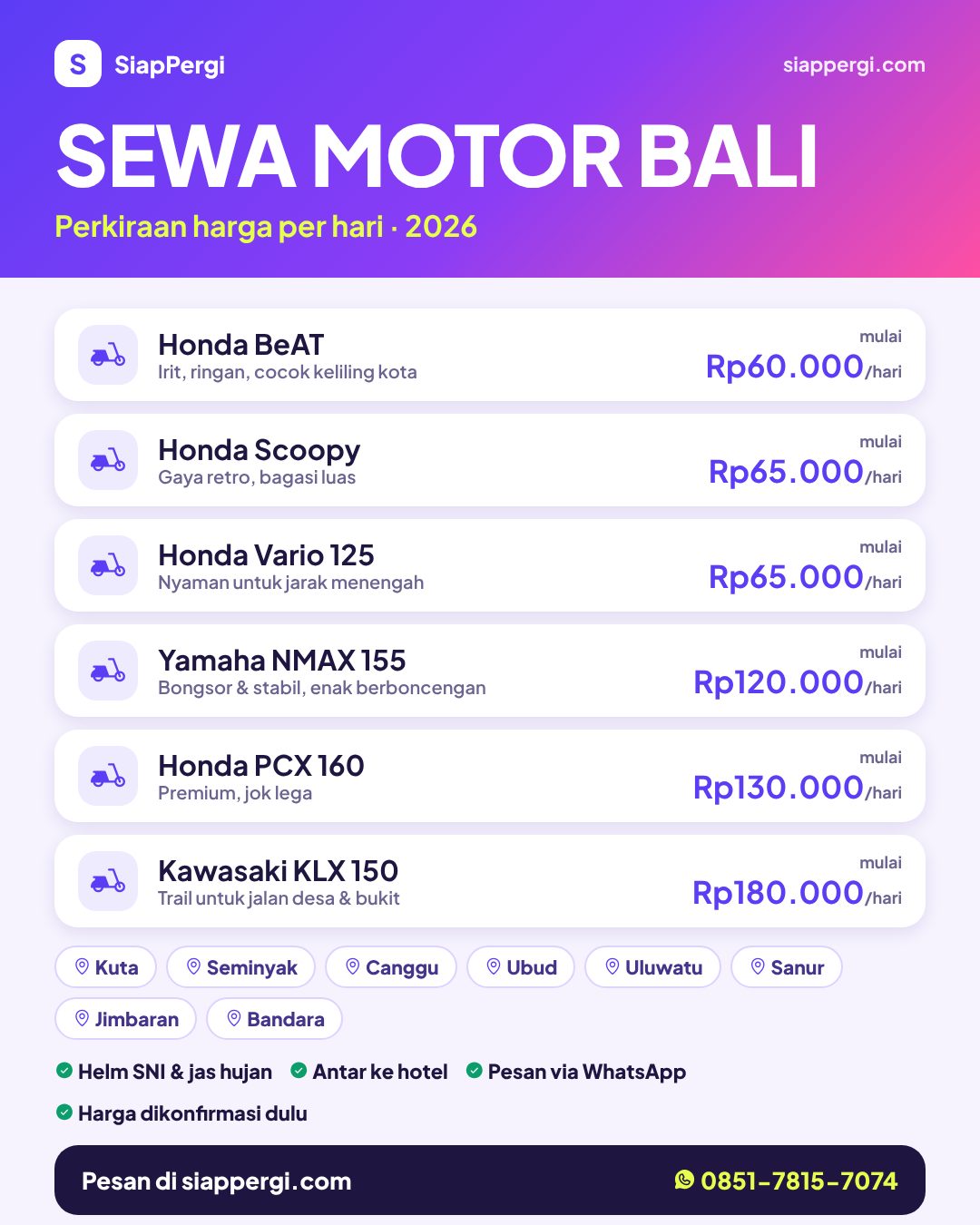 Daftar harga sewa motor Bali per hari — Honda BeAT, Scoopy, Vario, Yamaha NMAX, PCX — SiapPergi Daftar harga sewa motor Bali per hari — Honda BeAT, Scoopy, Vario, Yamaha NMAX, PCX — SiapPergi
