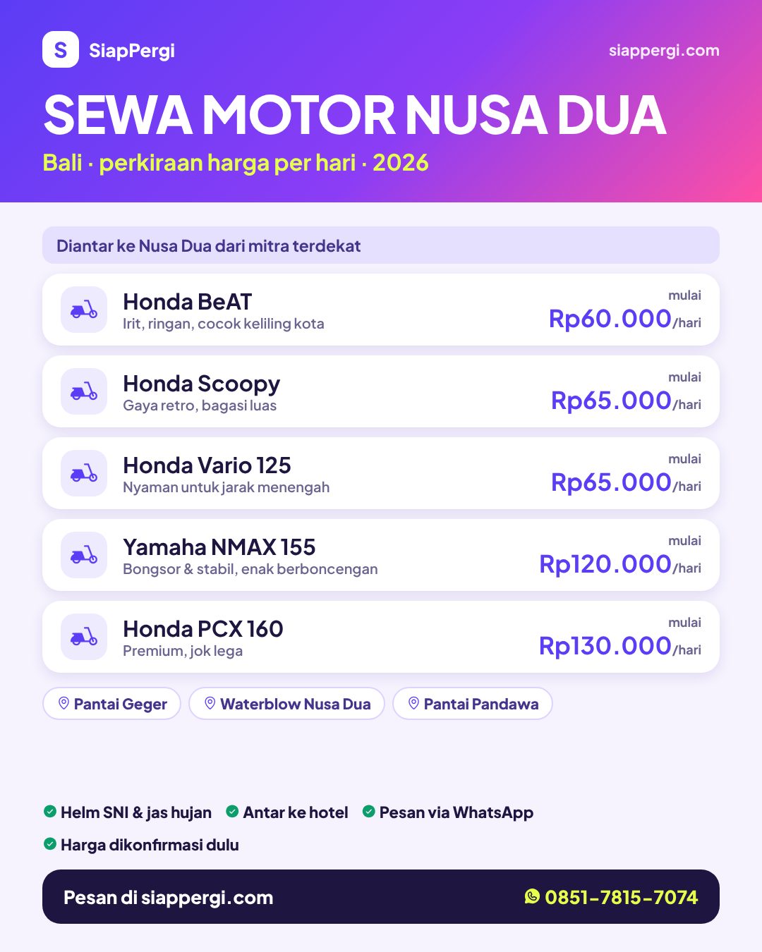 Harga sewa motor Nusa Dua Bali per hari — rental motor Nusa Dua antar ke hotel — SiapPergi Harga sewa motor Nusa Dua Bali per hari — rental motor Nusa Dua antar ke hotel — SiapPergi