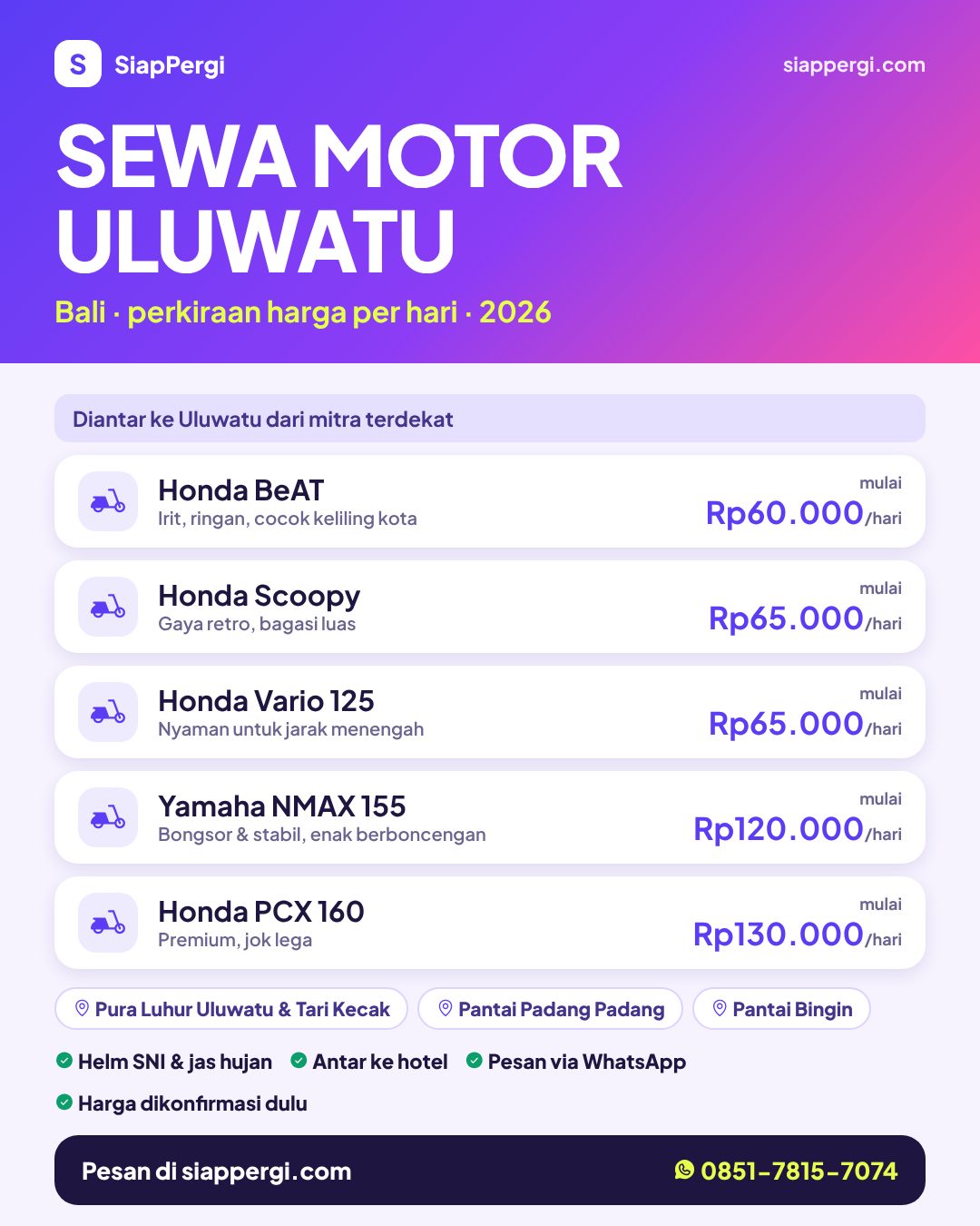 Harga sewa motor Uluwatu Bali per hari — rental motor Uluwatu antar ke hotel — SiapPergi Harga sewa motor Uluwatu Bali per hari — rental motor Uluwatu antar ke hotel — SiapPergi