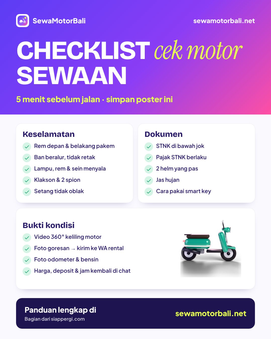 Pamflet checklist cek motor sewaan di Bali: rem, ban, lampu, STNK, helm, foto & video — SewaMotorBali.net