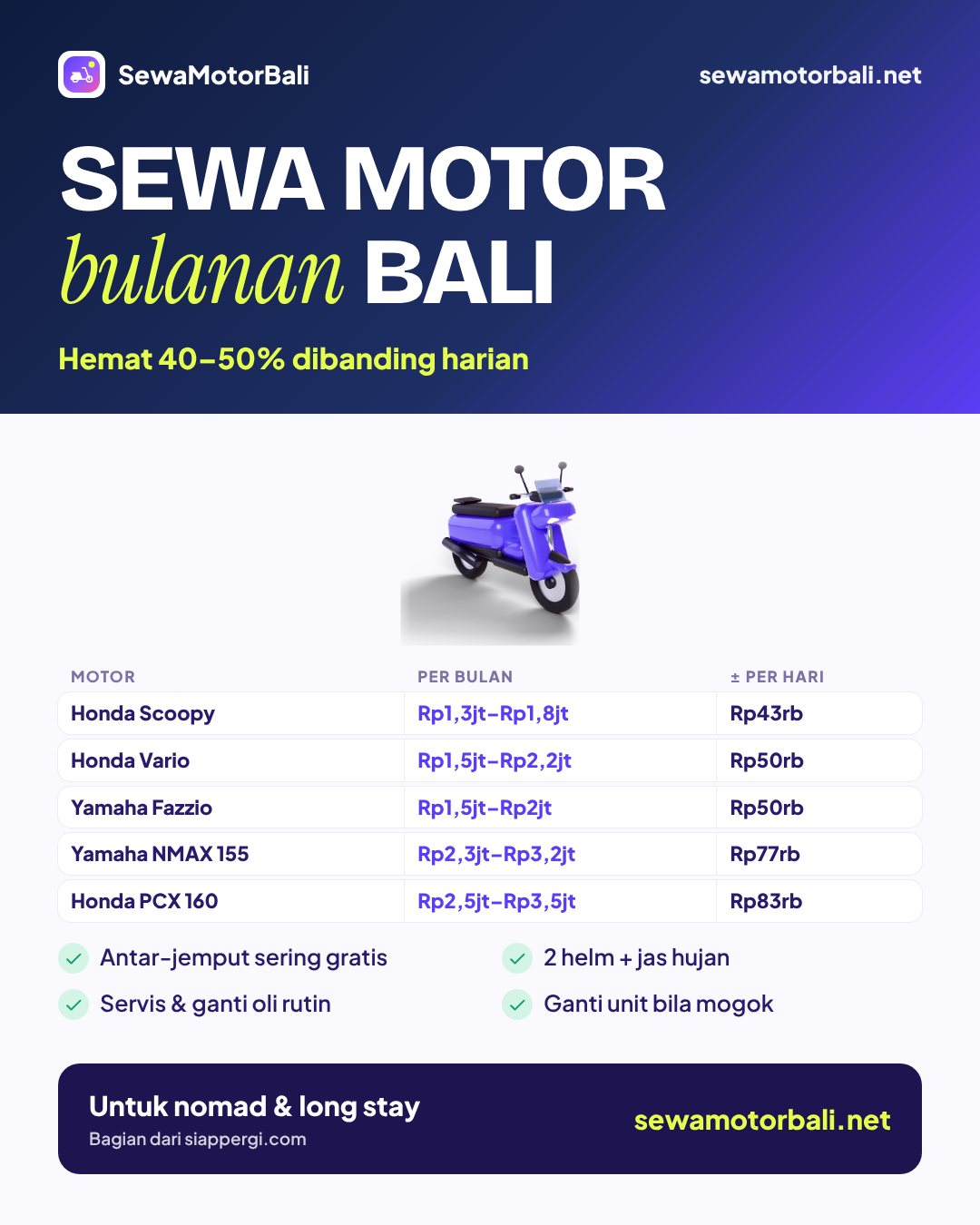 Pamflet sewa motor bulanan Bali: harga per bulan Scoopy, Vario, Fazzio, NMAX, PCX — SewaMotorBali.net