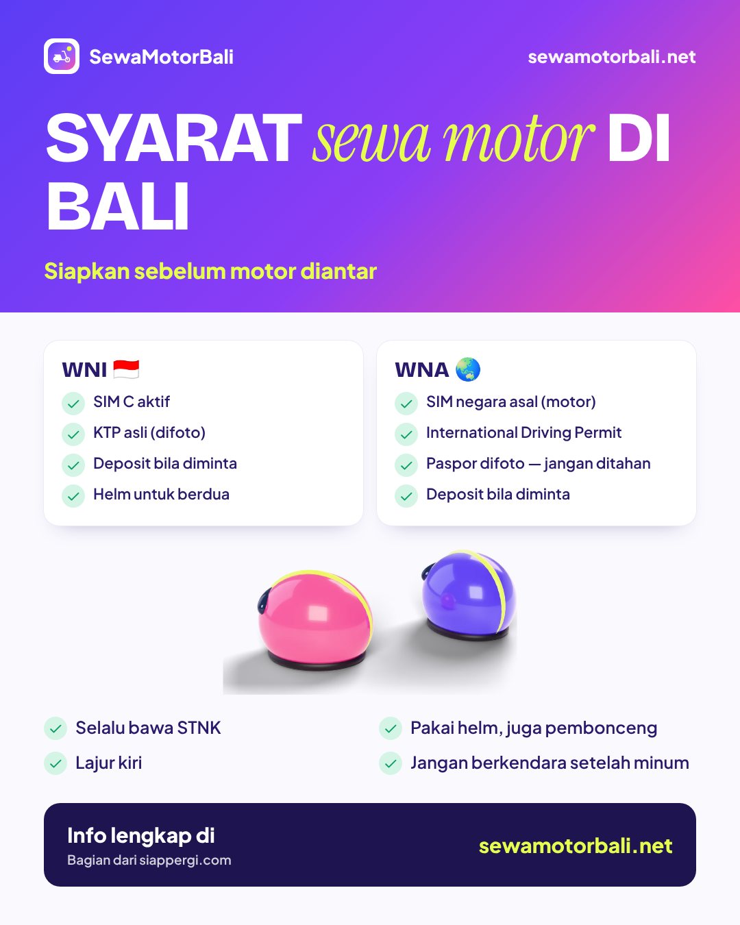 Pamflet syarat sewa motor di Bali untuk WNI dan WNA: SIM C, IDP, identitas, deposit — SewaMotorBali.net