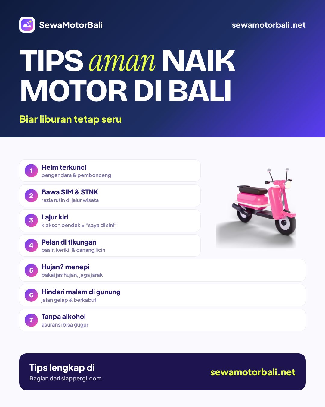 Pamflet tips aman naik motor di Bali: helm, SIM, lajur kiri, hujan, malam — SewaMotorBali.net