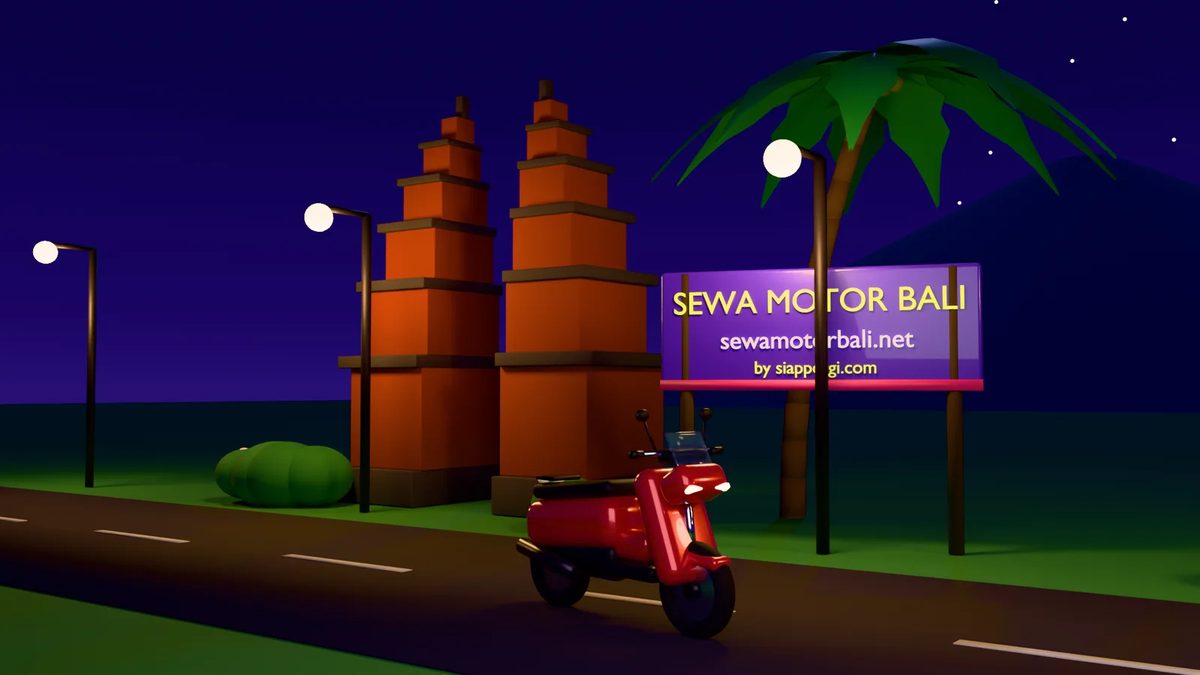 Render 3D motor matic merah di jalan Bali malam hari dengan candi bentar dan lampu jalan — SewaMotorBali.net