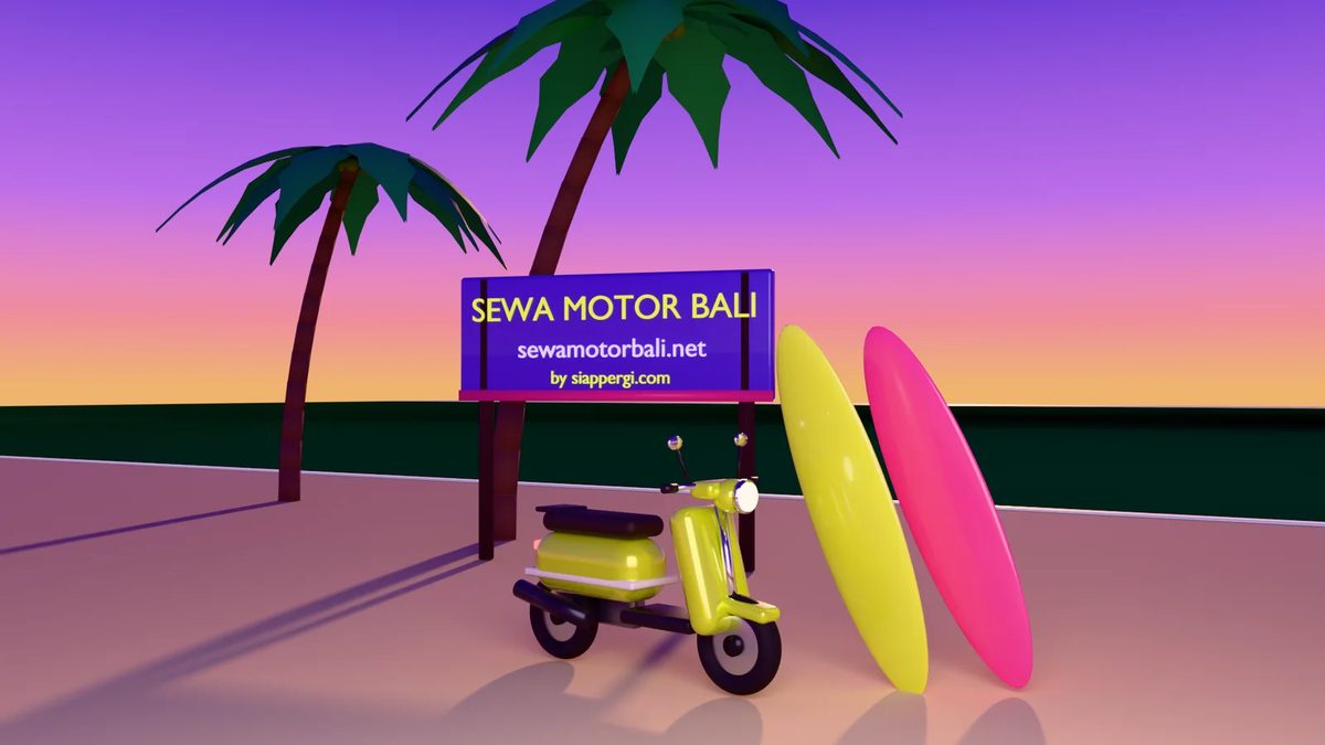 Render 3D motor matic dan dua papan selancar di pantai Bali saat senja — SewaMotorBali.net