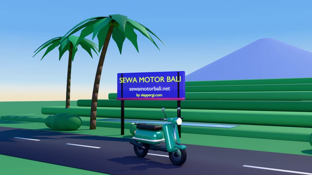 Render 3D motor matic hijau di jalan dekat sawah terasering Bali dengan papan Sewa Motor Bali — SewaMotorBali.net